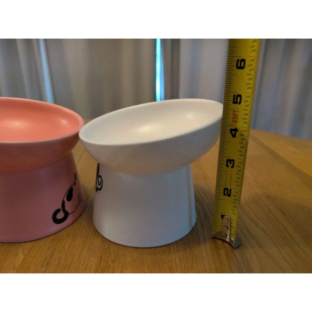 Cat Food Bowl Set Tilted Elevated White & Pink Ceramic Cute!! 5